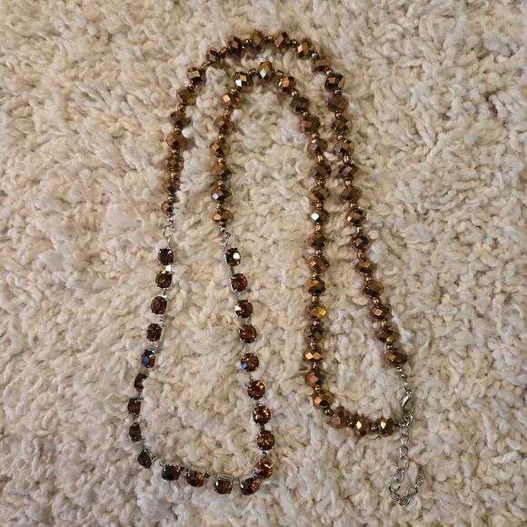 NWOT  Bronze Faceted Bead + Amber Rhinestone Necklace Long - Picture 2 of 7